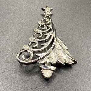 Vintage JJ Rhinestone Christmas Tree Brooch Silver Tone Swirl Jonette